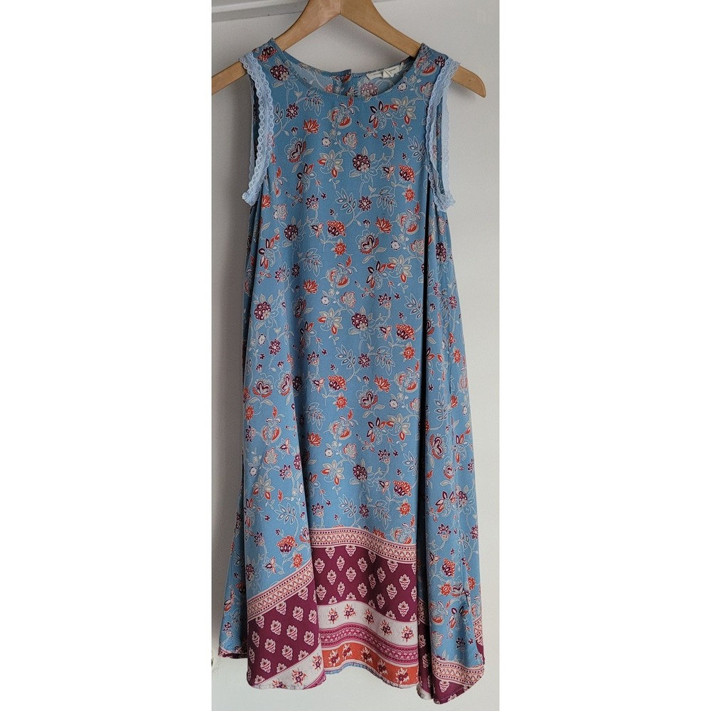 Beachlunchlounge Collection Blue Burgundy Trapeze Dress S Floral Bohemian Flowy